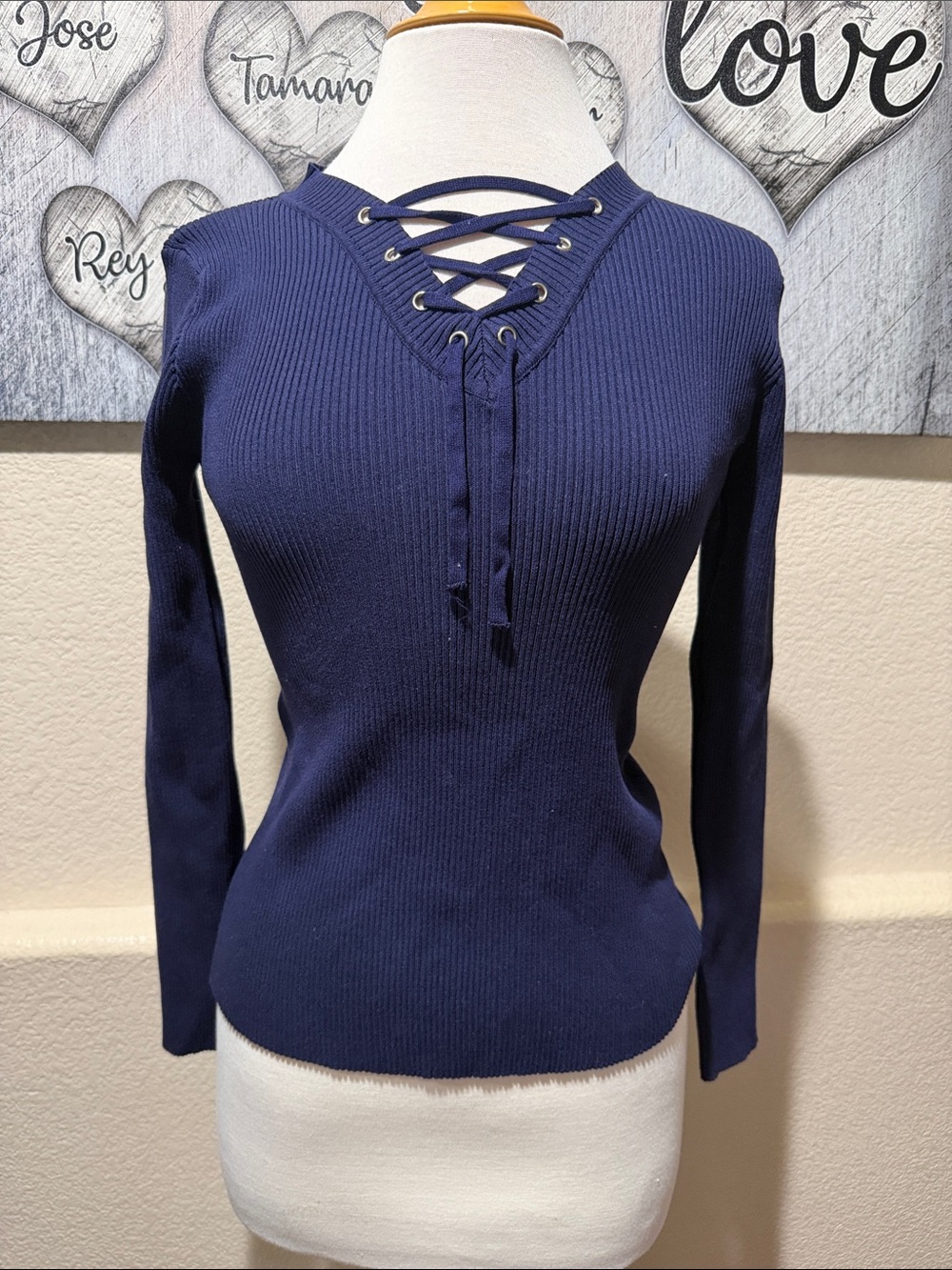 Women's Lace-Up Ribbed Long Sleeve Top - Navy